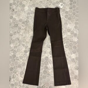 Theory high rise, cropped, flare legged leather pants in chocolate brown